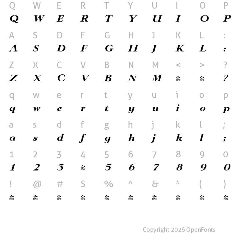 Character Map of FONTSPRING DEMO - Lingwood Serial Xbold Italic