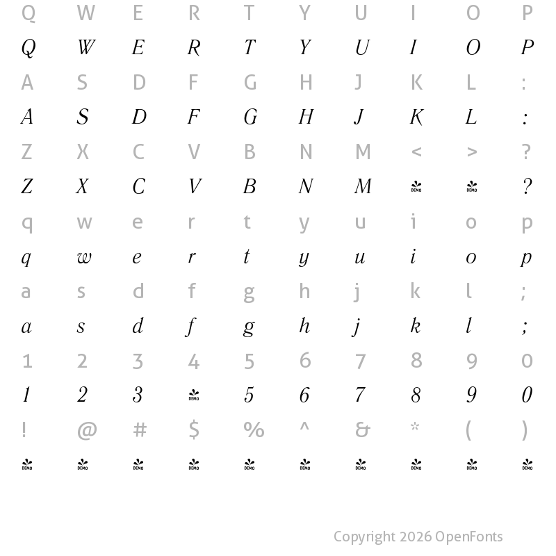 Character Map of FONTSPRING DEMO - Literaturnaya Italic
