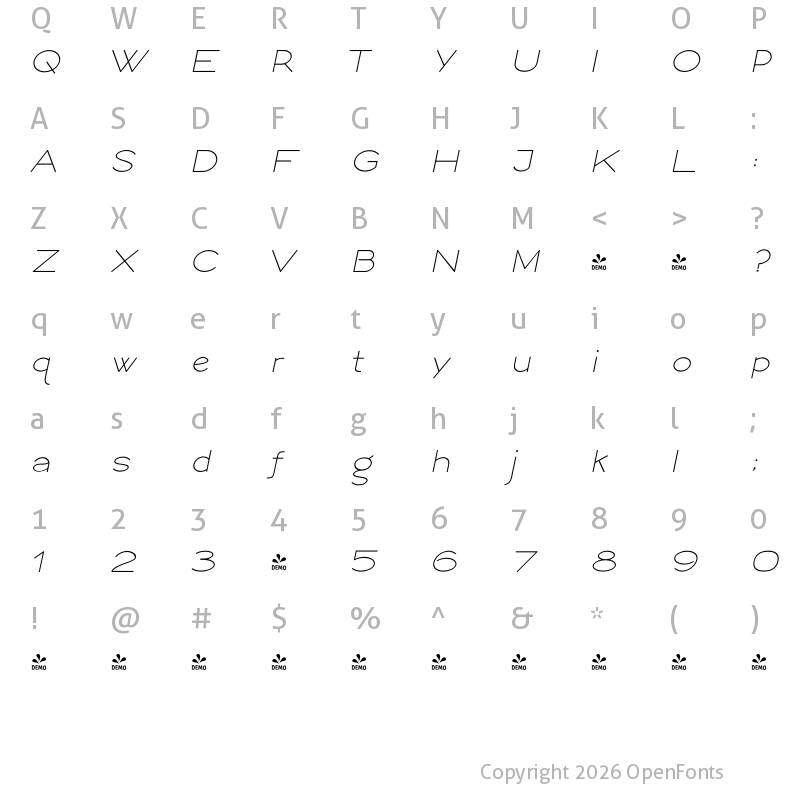 Character Map of FONTSPRING DEMO - Logo Sans Italic Italic