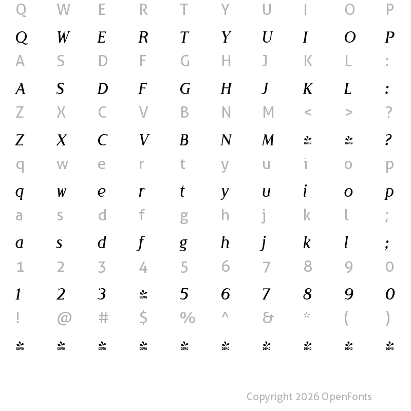 Character Map of FONTSPRING DEMO - Londinia Medium Italic
