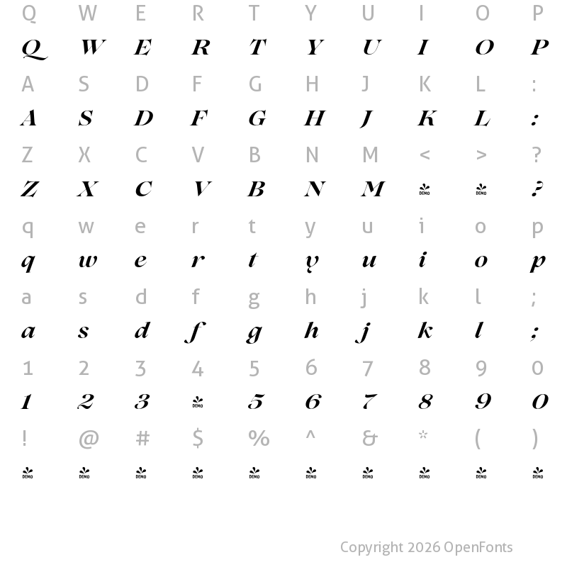 Character Map of FONTSPRING DEMO - Lovelace Bold Italic