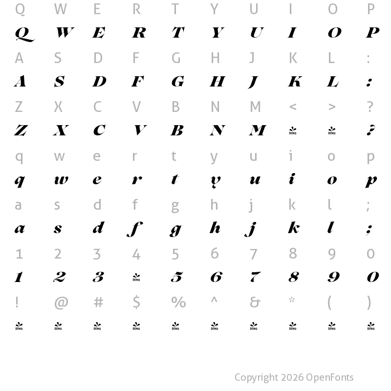 Character Map of FONTSPRING DEMO - Lovelace Extrabold Italic