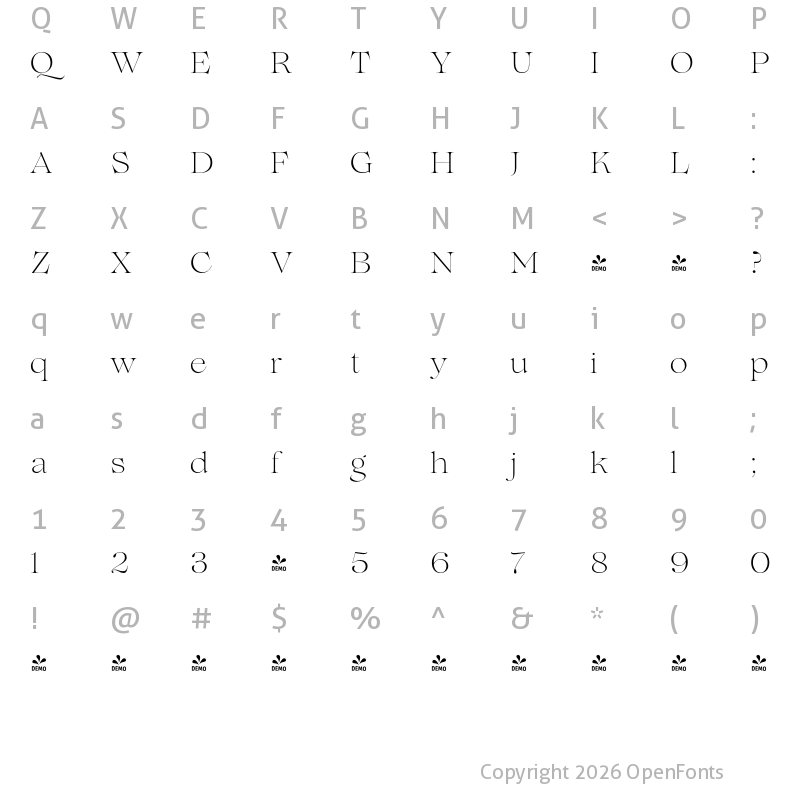Character Map of FONTSPRING DEMO - Lovelace Extralight Regular