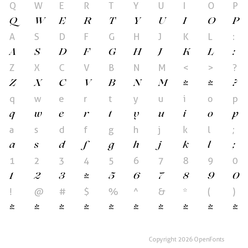 Character Map of FONTSPRING DEMO - Lovelace Medium Italic