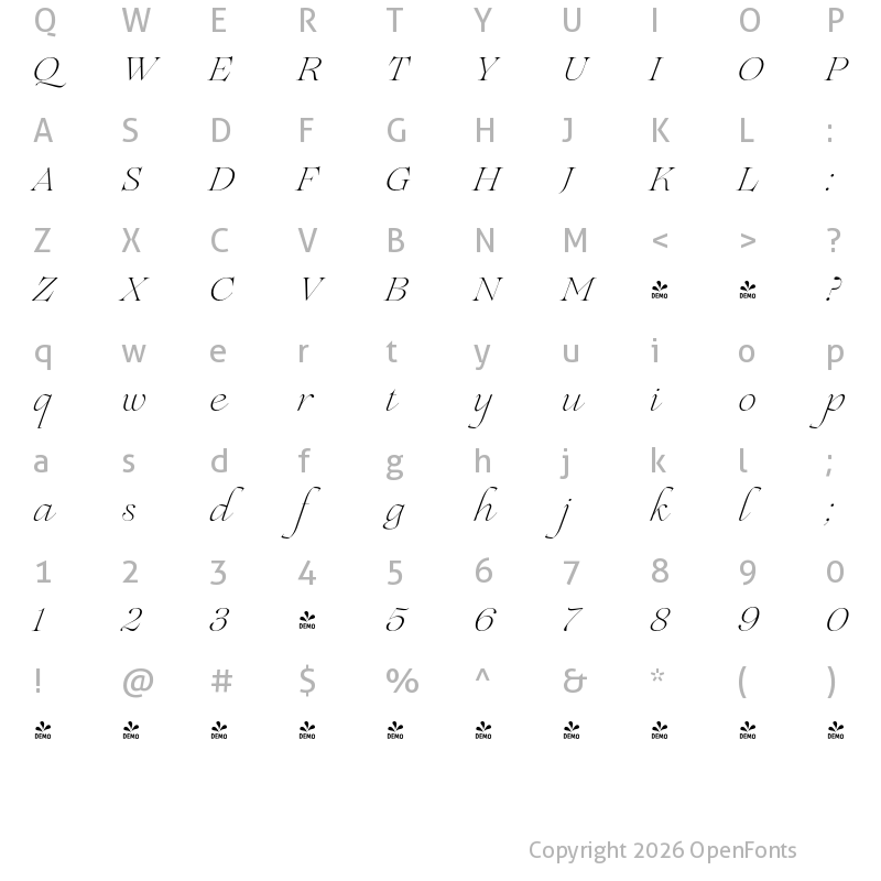 Character Map of FONTSPRING DEMO - Lovelace Script Extralight Regular