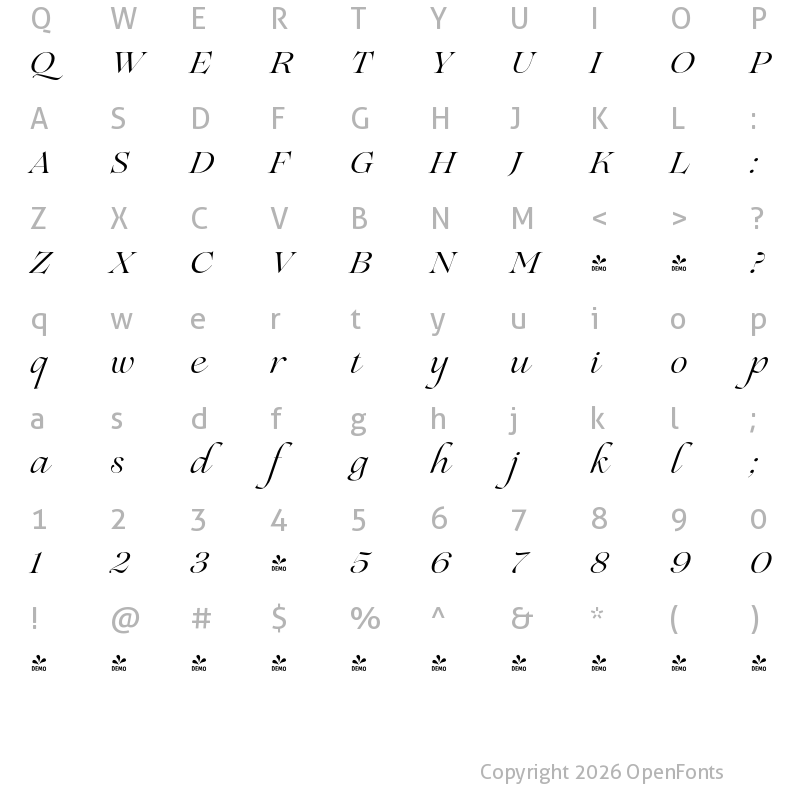 Character Map of FONTSPRING DEMO - Lovelace Script Italic