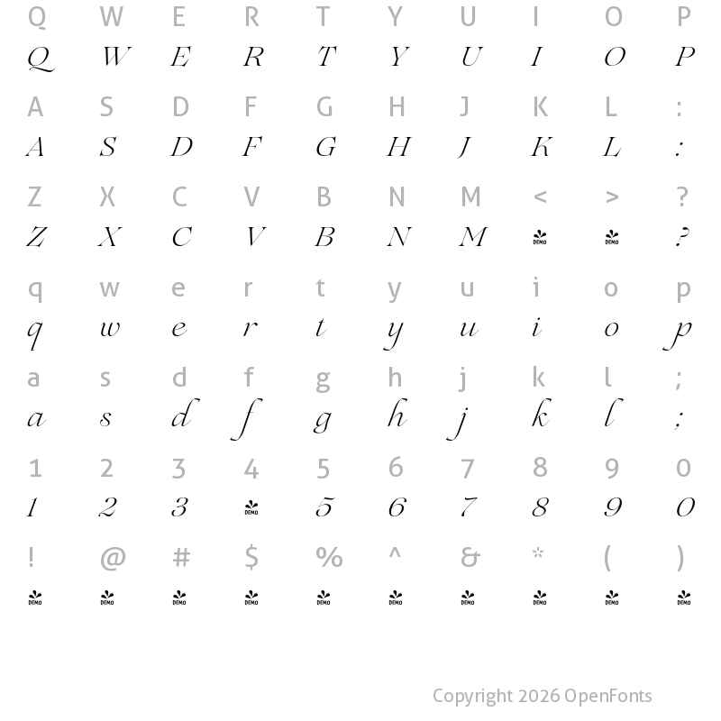 Character Map of FONTSPRING DEMO - Lovelace Script Light Regular