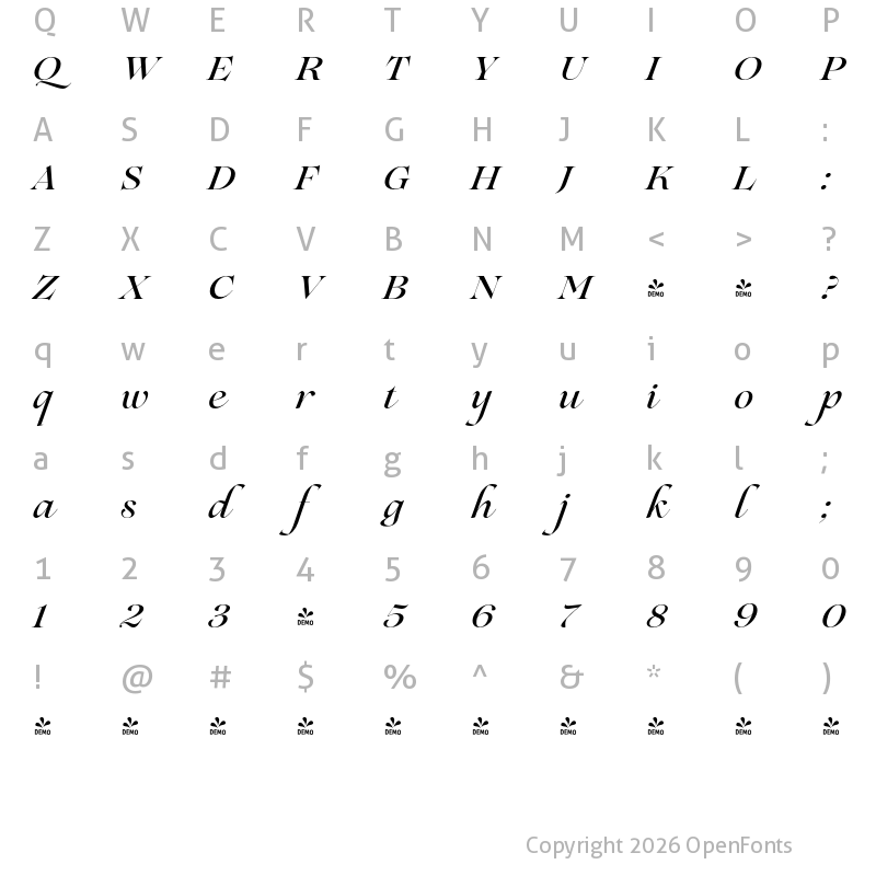 Character Map of FONTSPRING DEMO - Lovelace Script Medium Regular