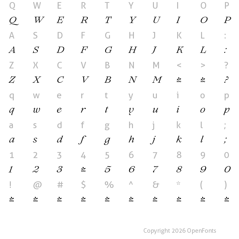 Character Map of FONTSPRING DEMO - Lovelace Text Italic
