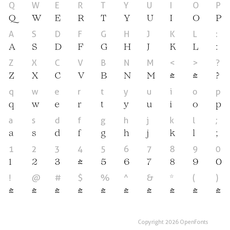 Character Map of FONTSPRING DEMO - Lovelace Text Light Regular