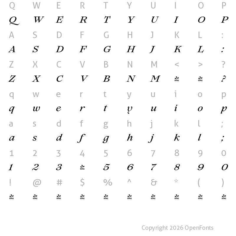 Character Map of FONTSPRING DEMO - Lovelace Text Medium Italic