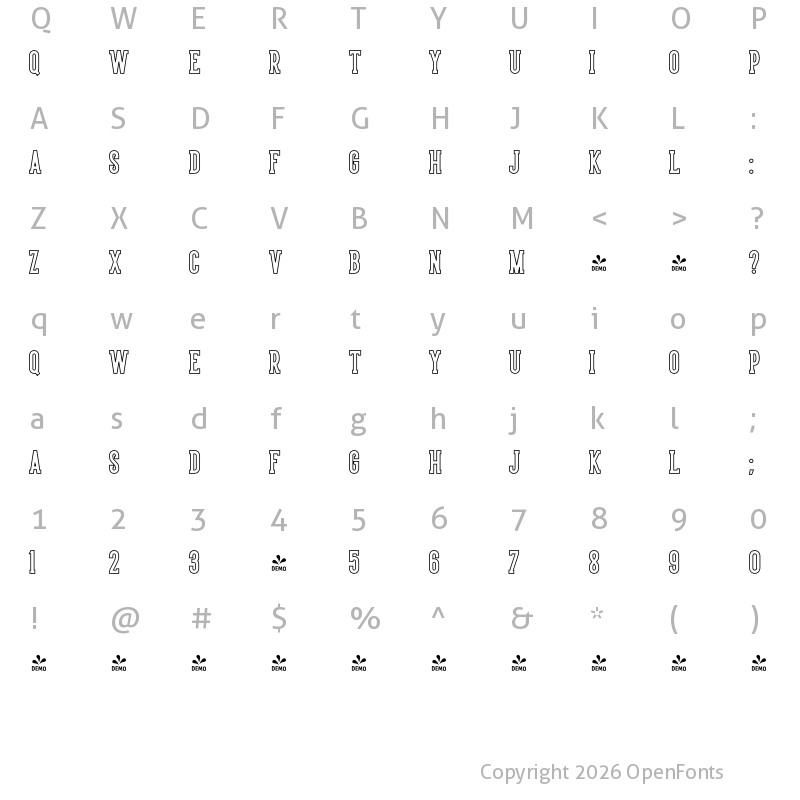 Character Map of FONTSPRING DEMO - LS Harsey Serif Outline Regular