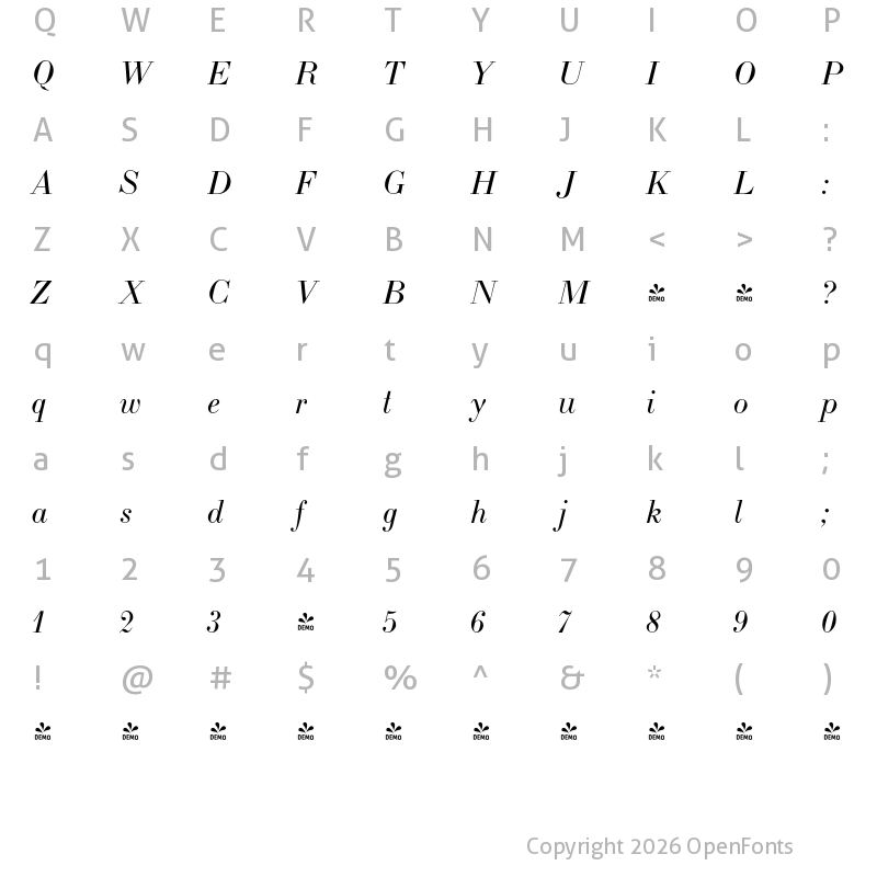 Character Map of FONTSPRING DEMO - LTC Bodoni 175 Pro Italic