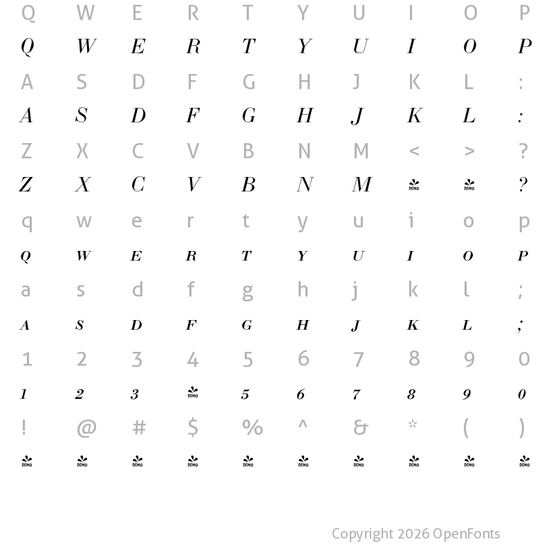 Character Map of FONTSPRING DEMO - LTC Bodoni 175 SmallCaps Italic