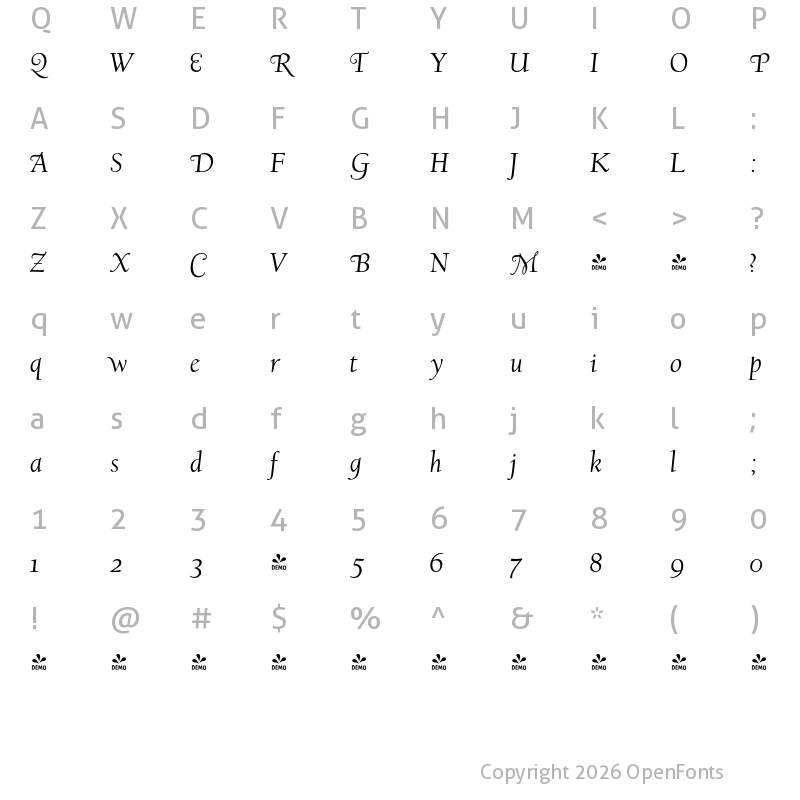 Character Map of FONTSPRING DEMO - LTC Californian Text Swash Italic