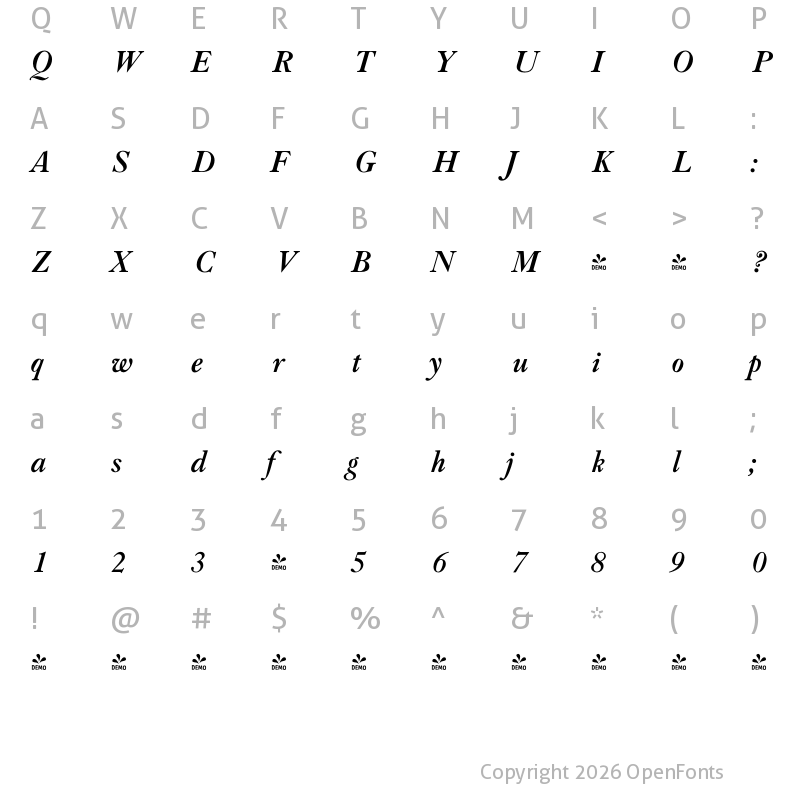 Character Map of FONTSPRING DEMO - LTC Caslon Long Bold Italic