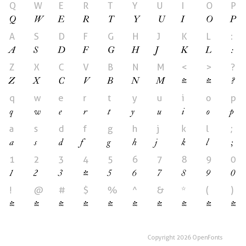 Character Map of FONTSPRING DEMO - LTC Caslon Long Italic