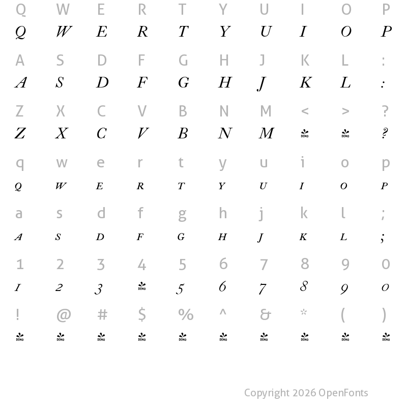 Character Map of FONTSPRING DEMO - LTC Caslon SmallCaps Italic