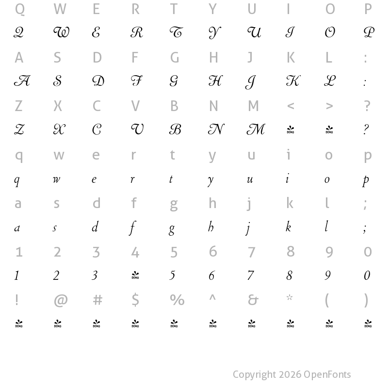 Character Map of FONTSPRING DEMO - LTC Cloister Light Cursive Regular