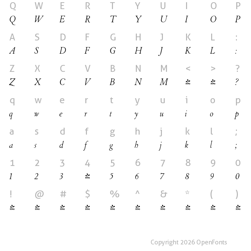 Character Map of FONTSPRING DEMO - LTC Cloister Light Italic