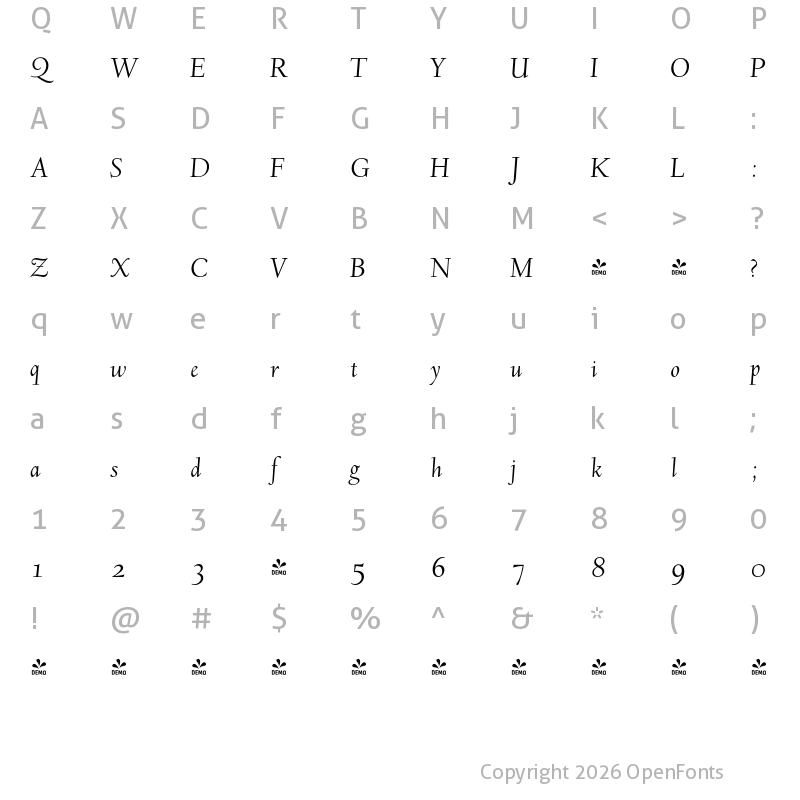 Character Map of FONTSPRING DEMO - LTC Deepdene OSF Italic