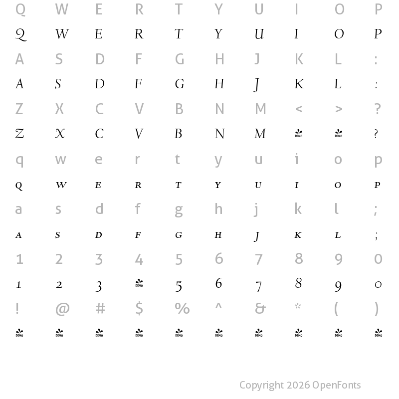 Character Map of FONTSPRING DEMO - LTC Deepdene SC OSF Italic
