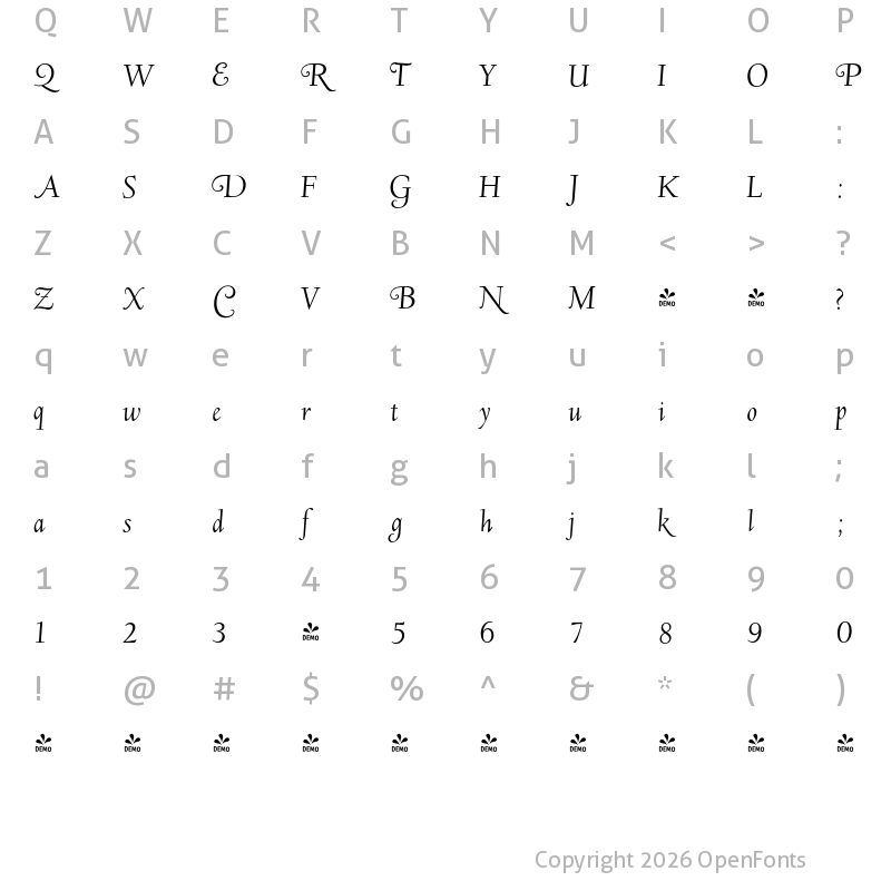 Character Map of FONTSPRING DEMO - LTC Deepdene Swash Italic