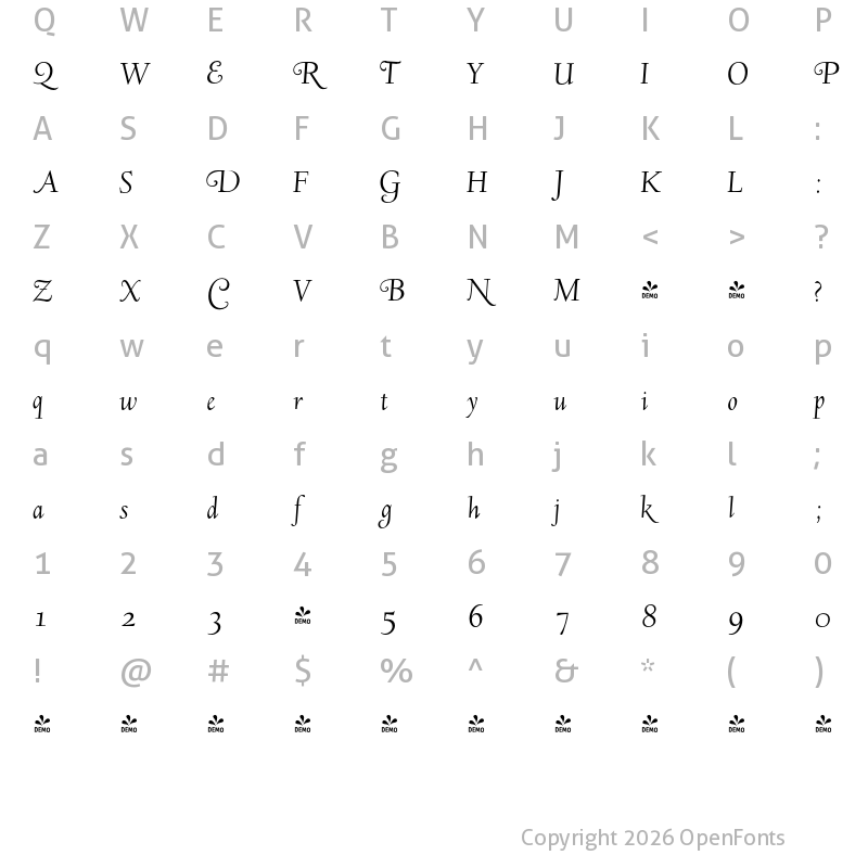 Character Map of FONTSPRING DEMO - LTC Deepdene Swash OSF Italic