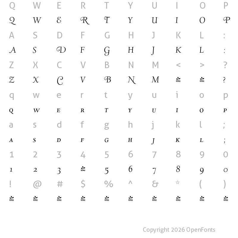 Character Map of FONTSPRING DEMO - LTC Deepdene Swash SC OSF Italic