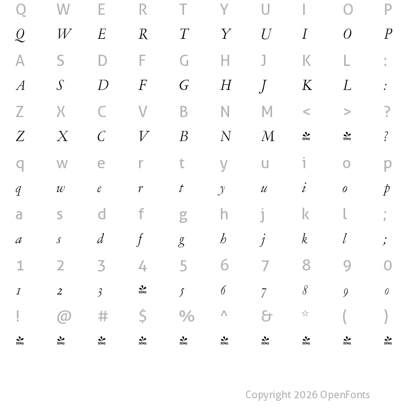 Character Map of FONTSPRING DEMO - LTC Garamont Display OSF Italic