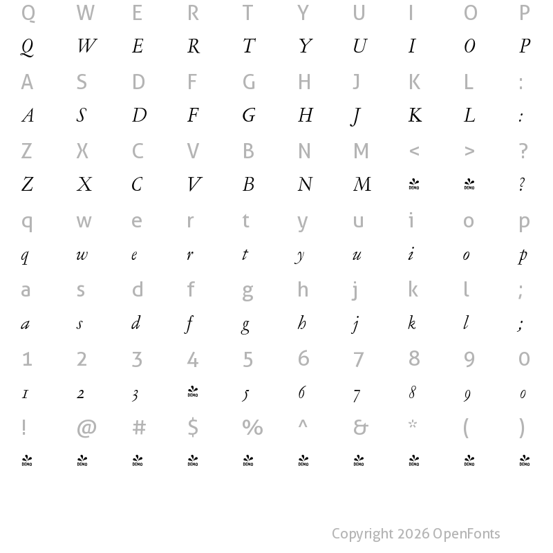Character Map of FONTSPRING DEMO - LTC Garamont Text OSF Italic