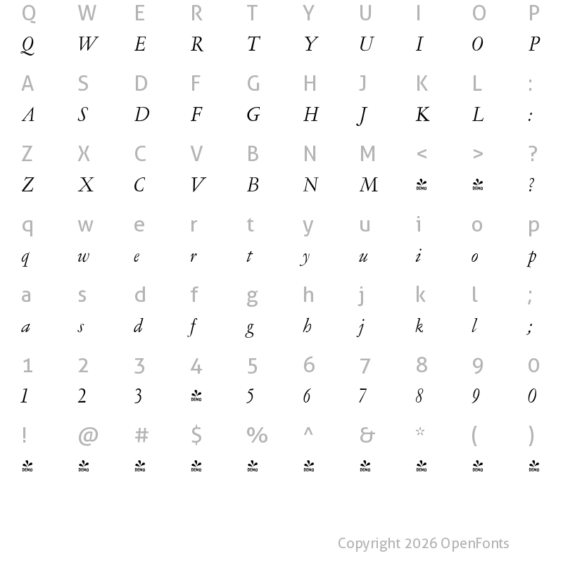 Character Map of FONTSPRING DEMO - LTC Garamont Text Pro Italic