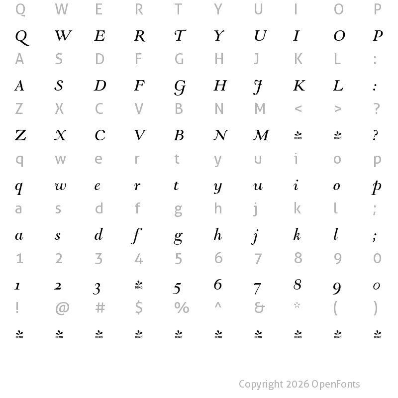 Character Map of FONTSPRING DEMO - LTC Goudy Modern Italic