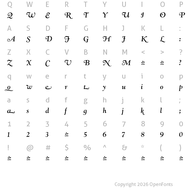 Character Map of FONTSPRING DEMO - LTC Goudy Oldstyle Cursive Bold