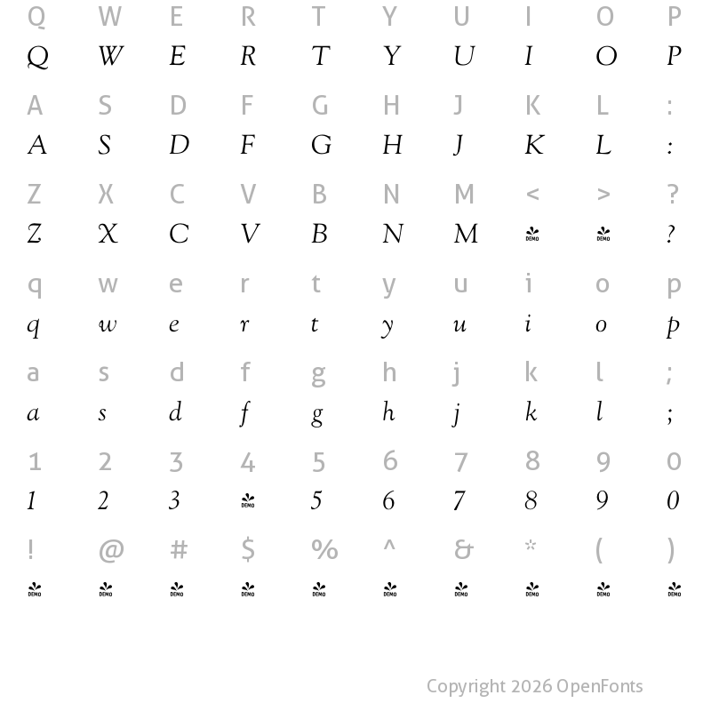 Character Map of FONTSPRING DEMO - LTC Goudy Oldstyle Italic
