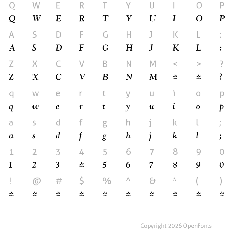 Character Map of FONTSPRING DEMO - LTC Goudy Oldstyle Pro Bold Italic