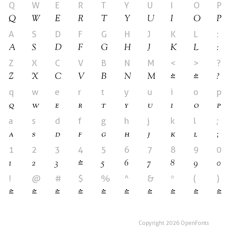 Character Map of FONTSPRING DEMO - LTC Goudy Oldstyle SC Italic