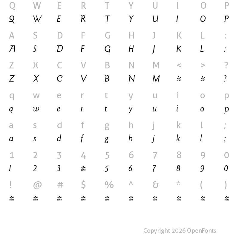 Character Map of FONTSPRING DEMO - LTC Goudy Sans Light Italic