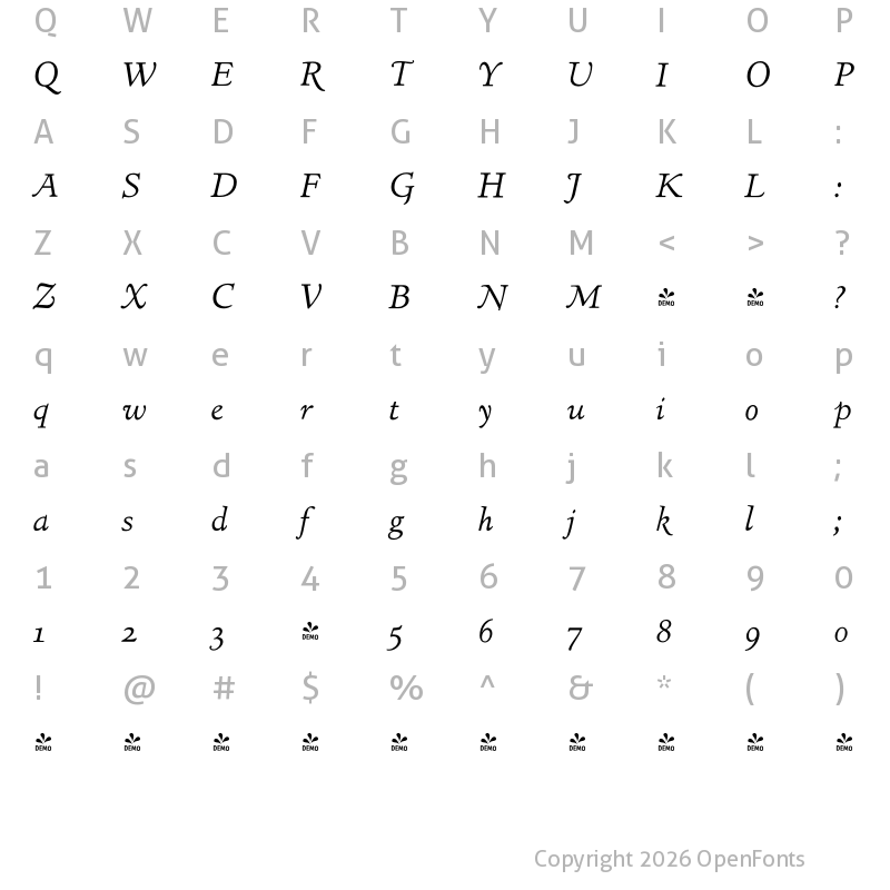 Character Map of FONTSPRING DEMO - LTC Italian Oldstyle Italic