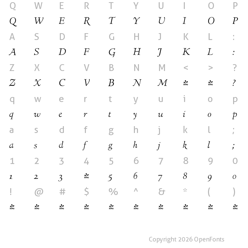 Character Map of FONTSPRING DEMO - LTC Italian Oldstyle Light Italic