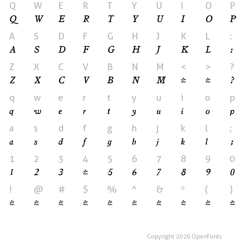 Character Map of FONTSPRING DEMO - LTC Jenson Pro Italic