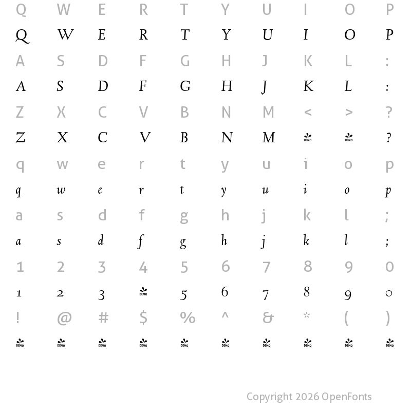 Character Map of FONTSPRING DEMO - LTC Kaatskill Italic