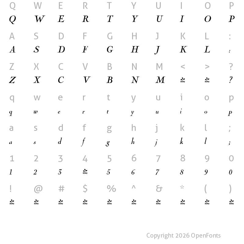 Character Map of FONTSPRING DEMO - LTC Nicolas Cochin Italic