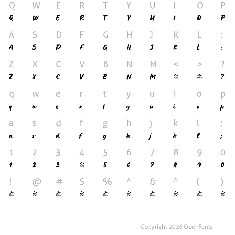 Character Map of FONTSPRING DEMO - Lumios Brush Regular