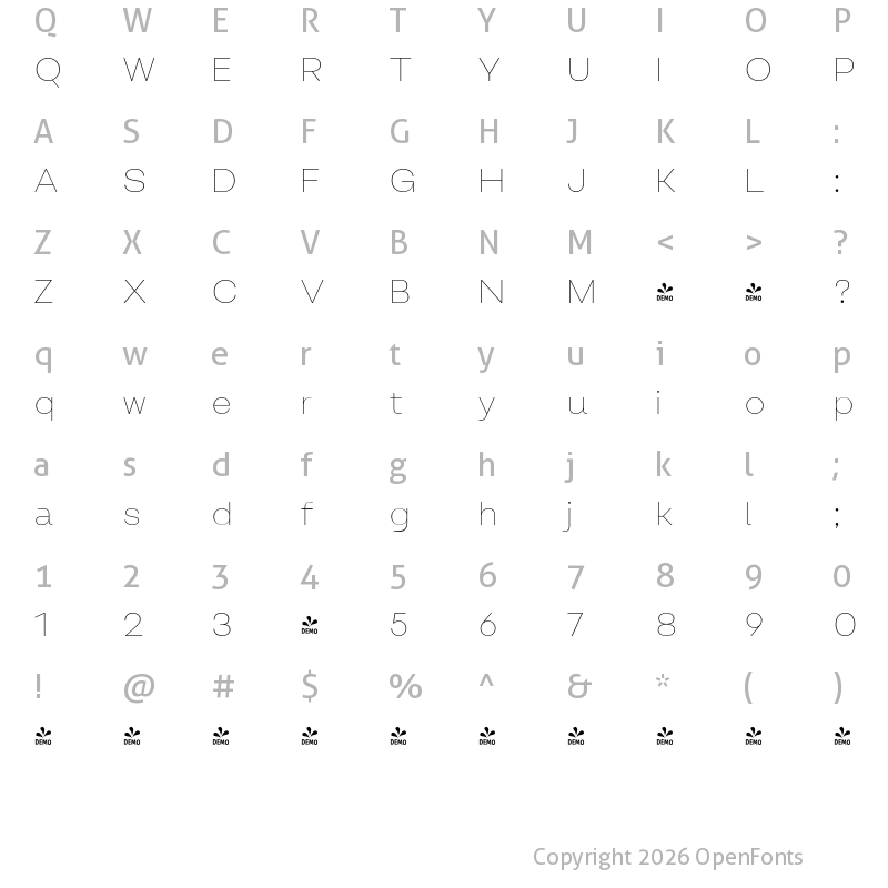 Character Map of FONTSPRING DEMO - Lupio Thin Regular