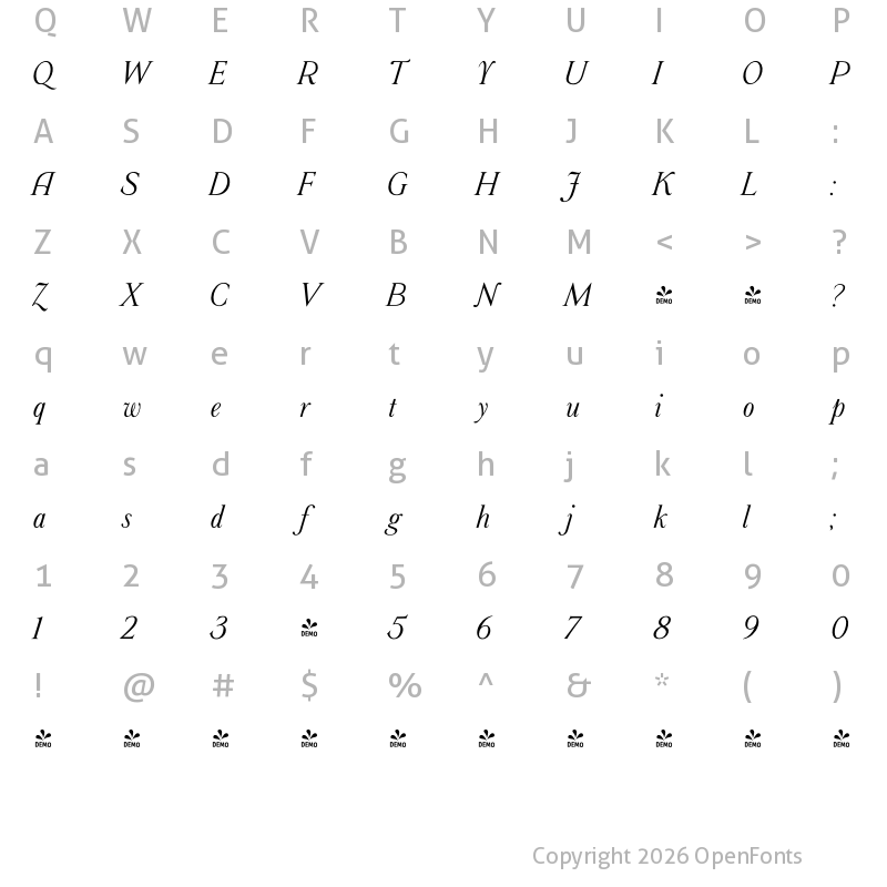 Character Map of FONTSPRING DEMO - Luxurimo Italic