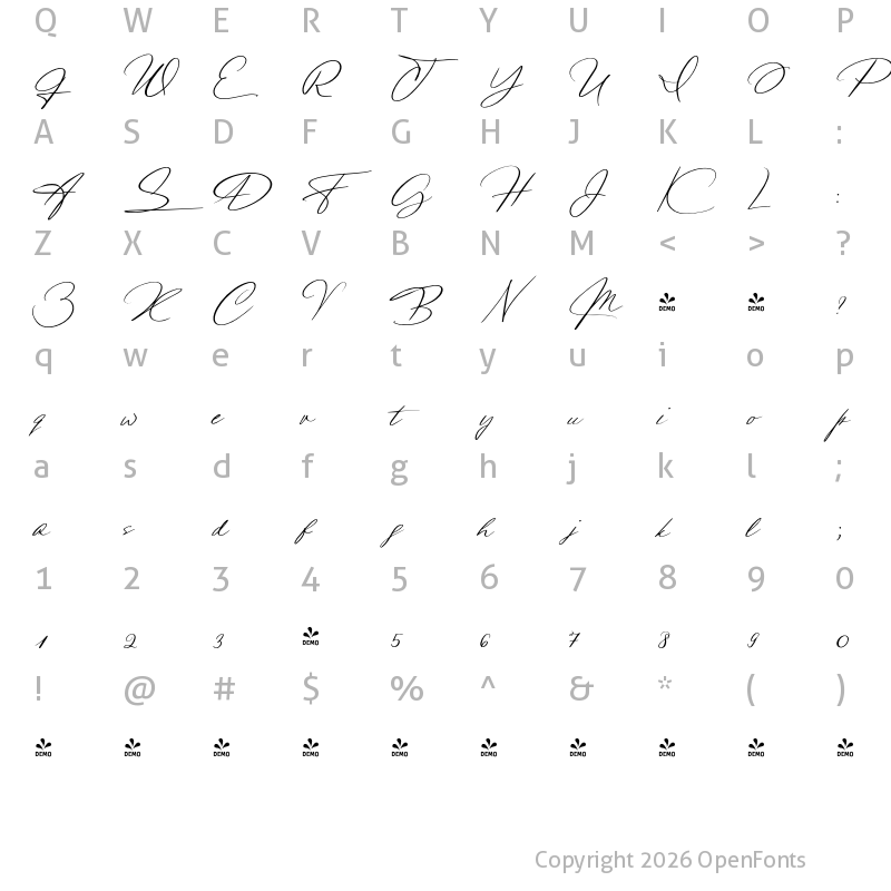 Character Map of FONTSPRING DEMO - Luxurimo Script Regular