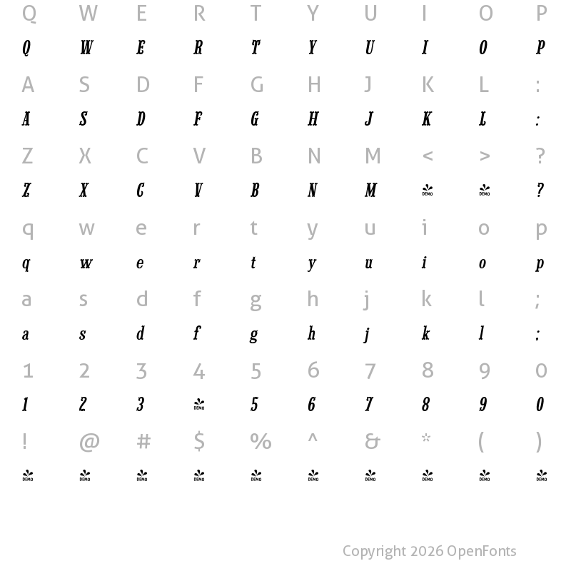 Character Map of FONTSPRING DEMO - Lynchburg Italic