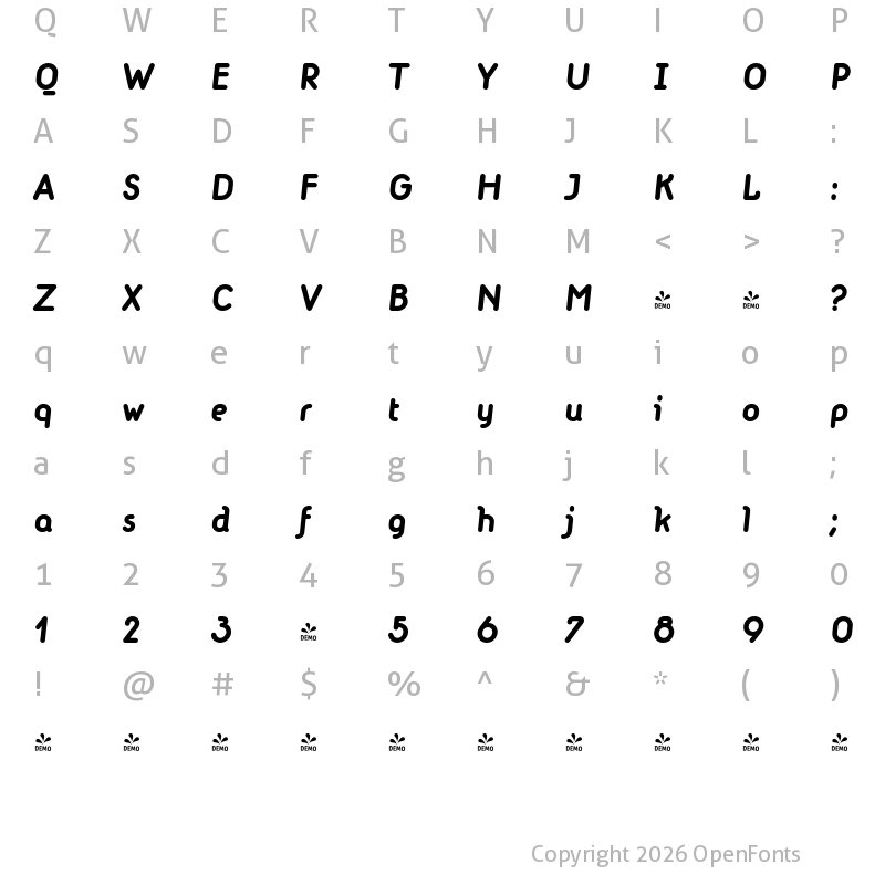 Character Map of FONTSPRING DEMO - MacaroniSans-BoldItalic Regular