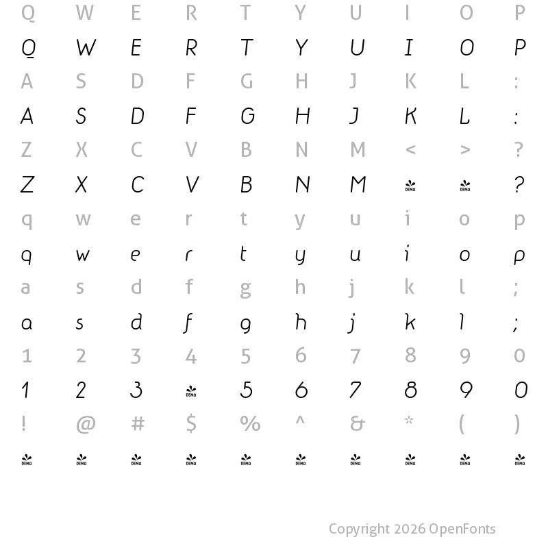 Character Map of FONTSPRING DEMO - MacaroniSans-BookItalic Regular